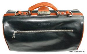 McFermoir compact, dokterstas, donkerblauw met cognac, 40 x 23 x 25 cm.